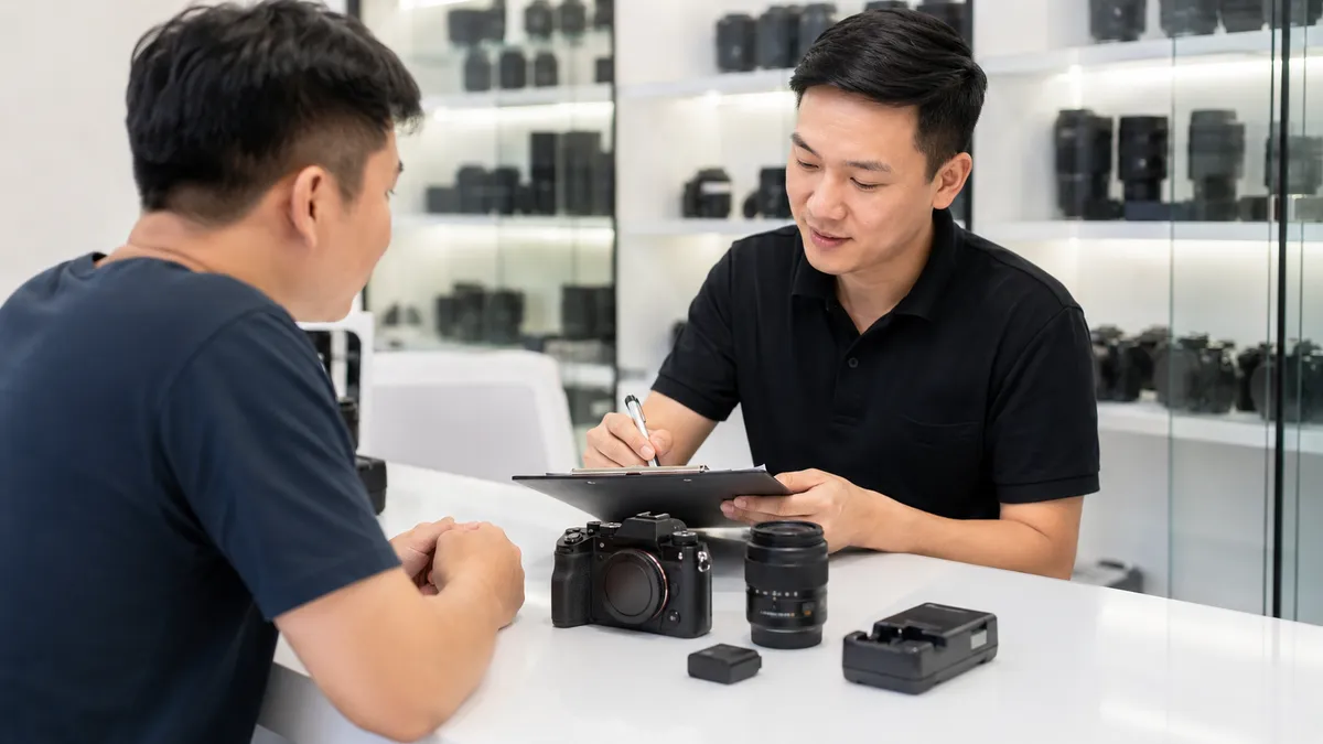 khách hàng mang đầy đủ thiết bị phụ kiện lens máy ảnh để nhân viên kiểm tra trực tiếp tại quầy