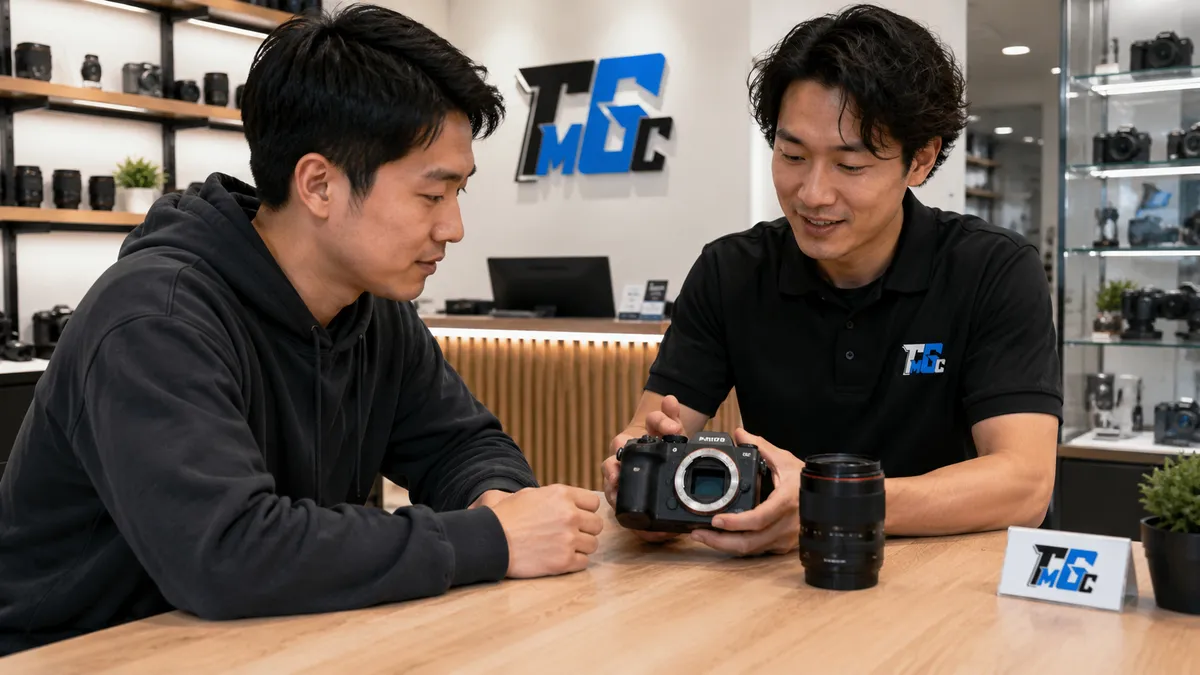 Cách Kiểm Tra Máy Ảnh Cũ Trước Khi Bán: Body, Cảm Biến, Shutter Và Lens 4 Nhân viên và khách cùng kiểm tra body + lens tại bàn