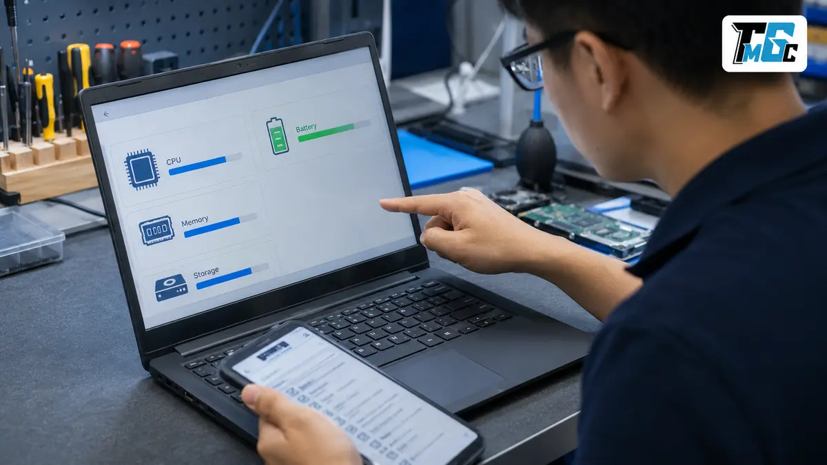 Cách Kiểm Tra Laptop Cũ Trước Khi Bán: Checklist 12 Hạng Mục 2 Kỹ thuật viên kiểm tra cấu hình và tình trạng pin laptop cũ