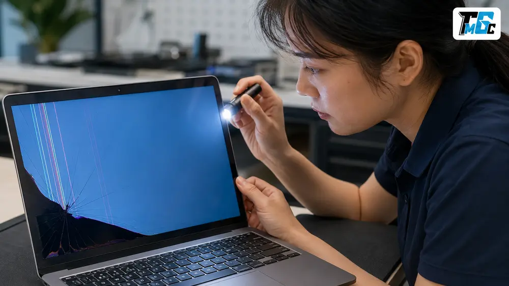 Laptop Bể Màn Hình, Vào Nước, Rơi Vỡ Có Bán Được Không? 1 Kỹ thuật viên kiểm tra laptop bể màn hình và vùng chảy mực