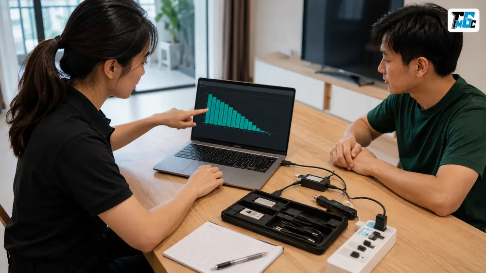 Kỹ thuật viên kiểm tra laptop cũ tận nơi trước mặt người bán