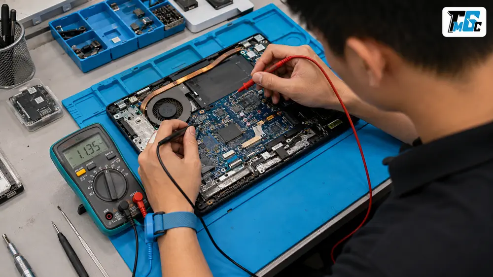 Laptop Hư Main, Không Lên Nguồn Có Bán Được Không? 2 Kỹ thuật viên kiểm tra mainboard và mạch nguồn laptop bị hư
