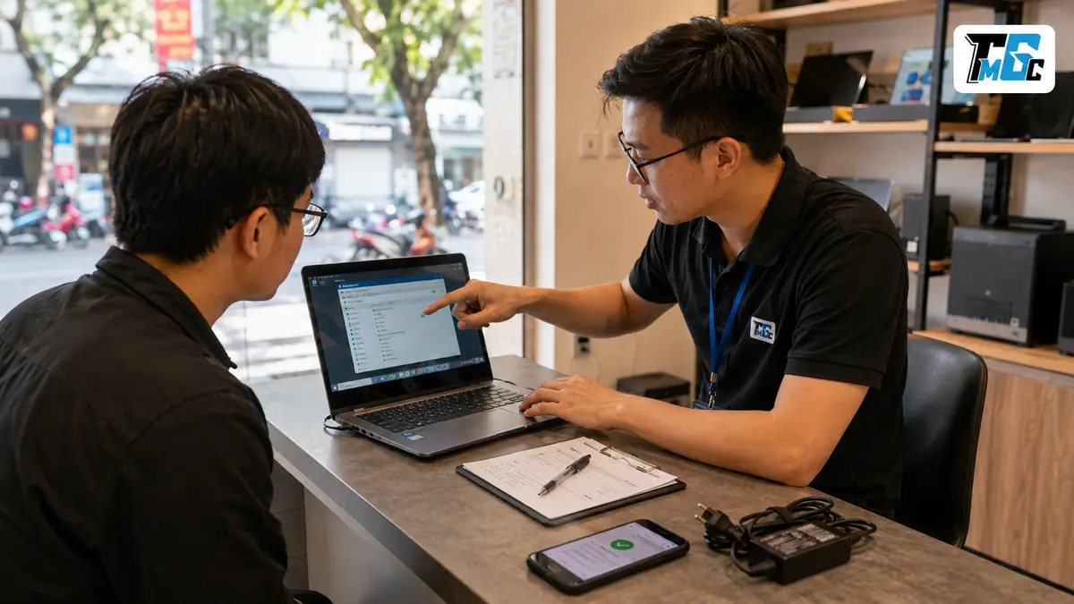 Cách Kiểm Tra Laptop Cũ Trước Khi Bán: Checklist 12 Hạng Mục 4 Kỹ thuật viên kiểm tra laptop cũ minh bạch trước người bán
