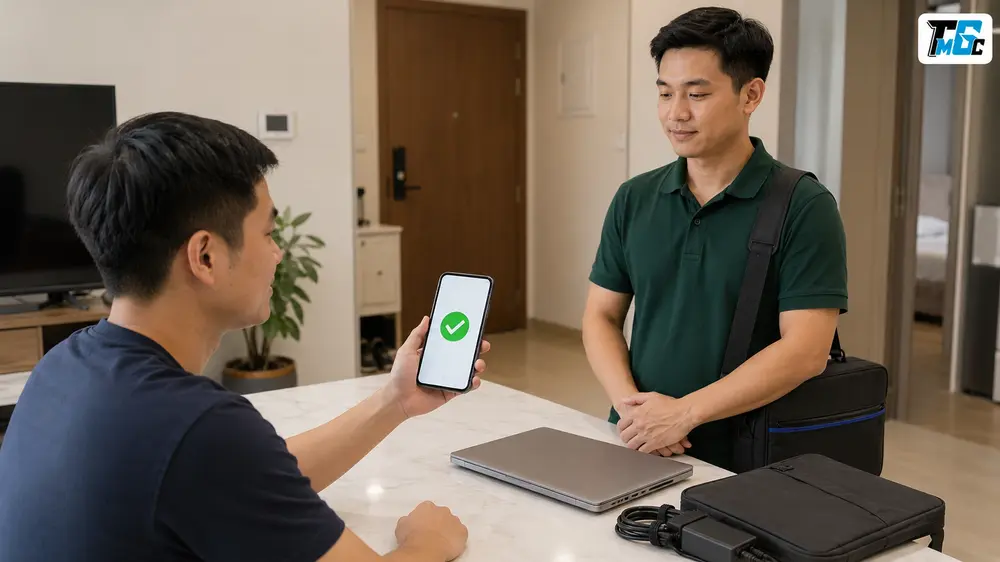 Người bán kiểm tra thanh toán trước khi bàn giao laptop cũ tận nơi