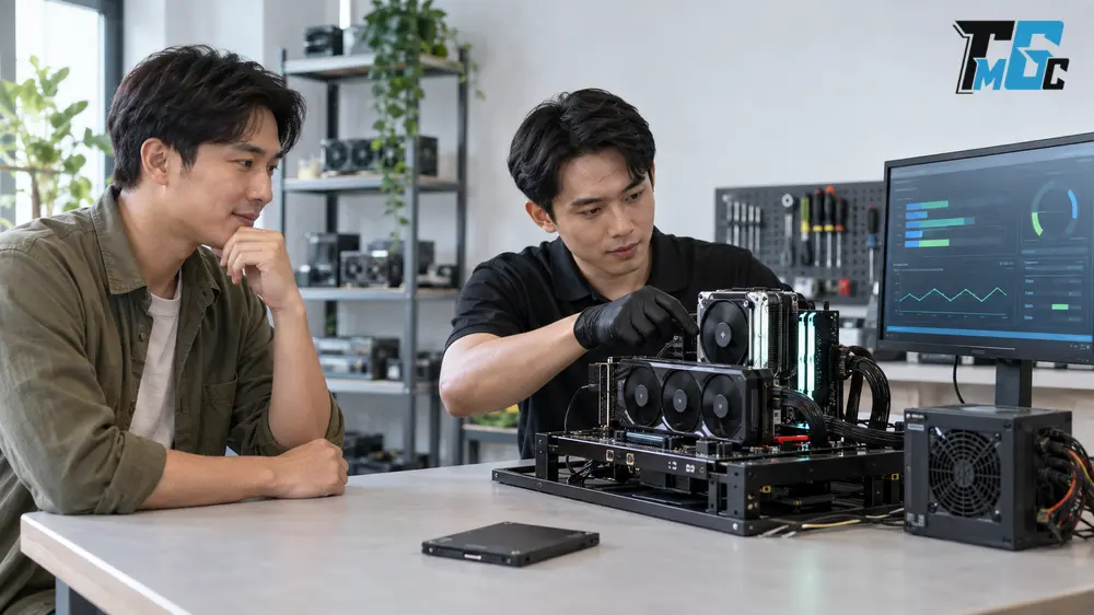 Người bán theo dõi kỹ thuật viên kiểm tra linh kiện PC trước khi chốt giá