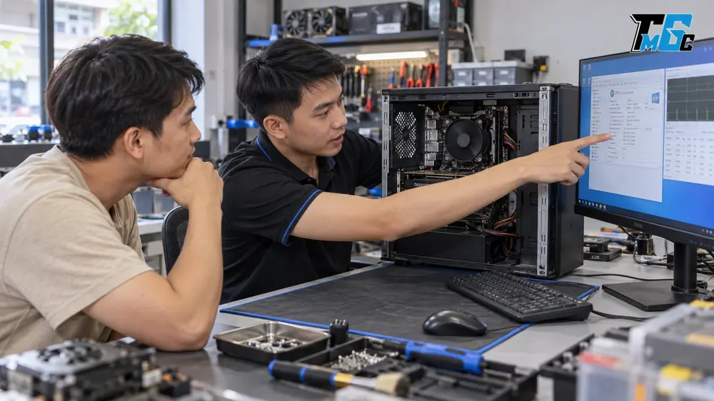 Người bán theo dõi kỹ thuật viên kiểm tra CPU cũ trước khi bàn giao