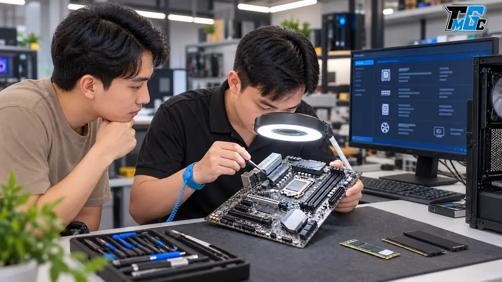Người bán theo dõi kỹ thuật viên kiểm tra mainboard cũ trước khi bàn giao