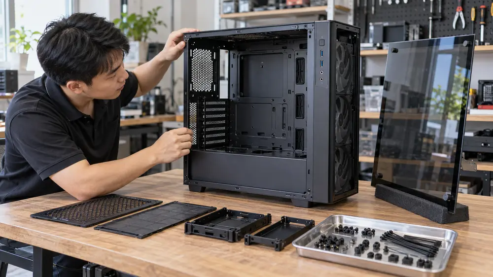Kiểm tra khung kính cổng trước và phụ kiện của case PC cũ