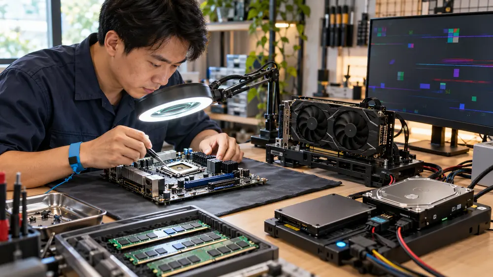 Linh Kiện PC Bị Lỗi, Không Lên Nguồn Hoặc Đã Sửa Chữa Có Bán Được Không? 2 Kỹ thuật viên kiểm tra mainboard VGA RAM và ổ lưu trữ bị lỗi