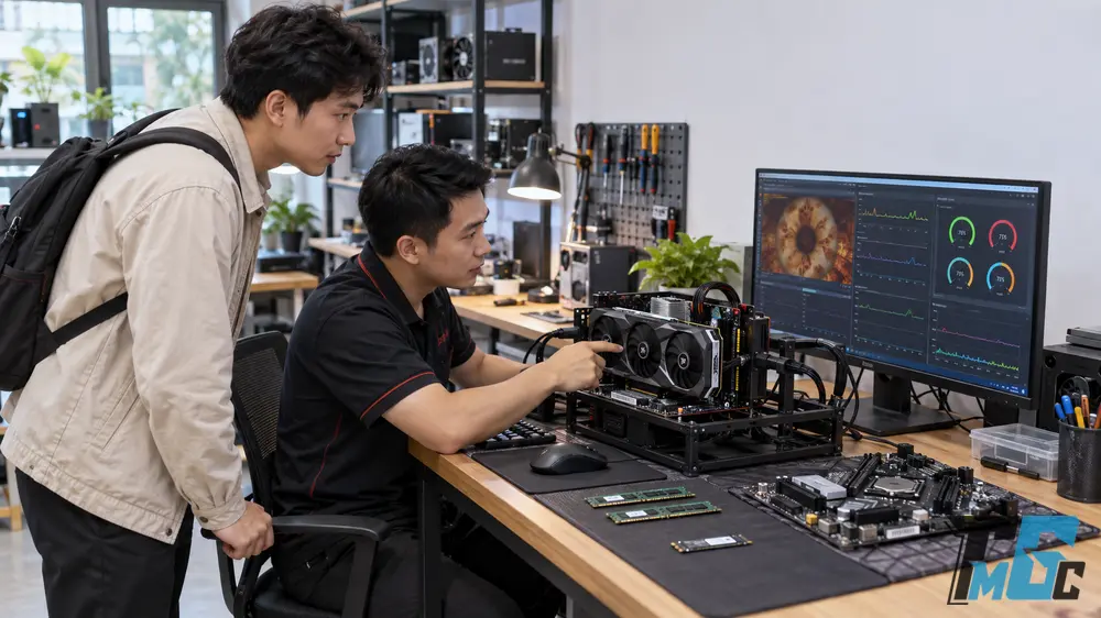 Kinh Nghiệm Bán Linh Kiện Máy Tính Cũ: Kiểm Tra Và Định Giá Trước Khi Bán 2 Kỹ thuật viên kiểm tra tình trạng hoạt động của linh kiện PC cũ