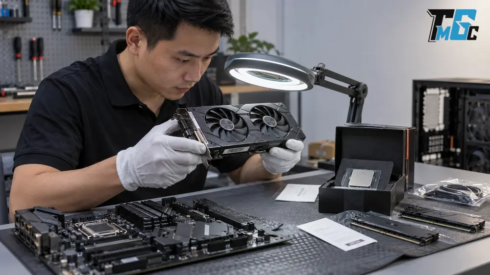 Kỹ thuật viên đối chiếu model tình trạng và bảo hành để định giá linh kiện PC cũ